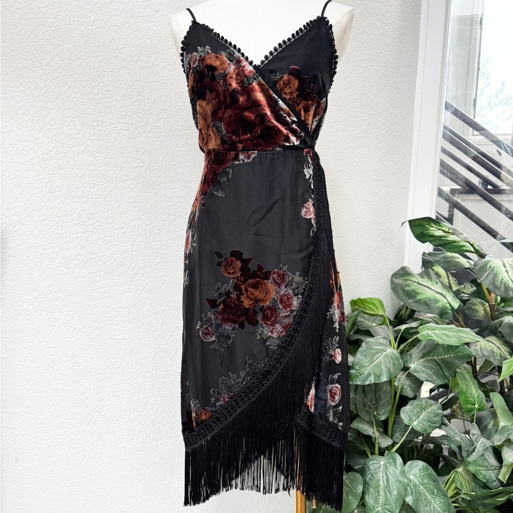 Vintage Retro Bohemian Velvet Burnout Black Floral Fringed Wrap Dress S - Picture 4 of 5